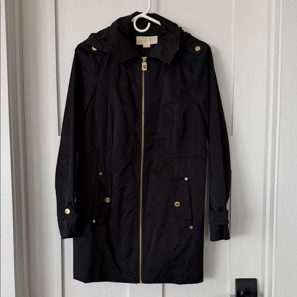 Michael Kors Black Hooded Trench Coat with Gold Hardware